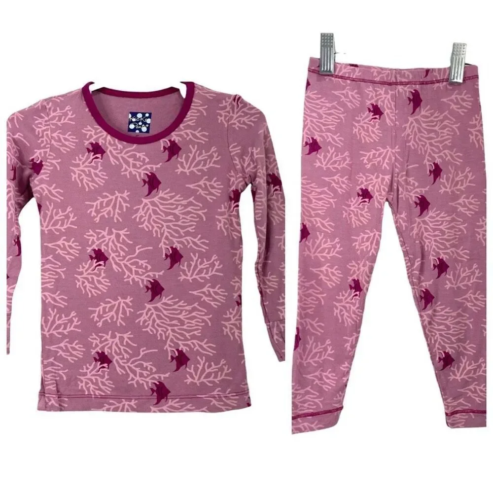 KicKee Pants bamboo pajama set top and bottom Size 2T coral fish print